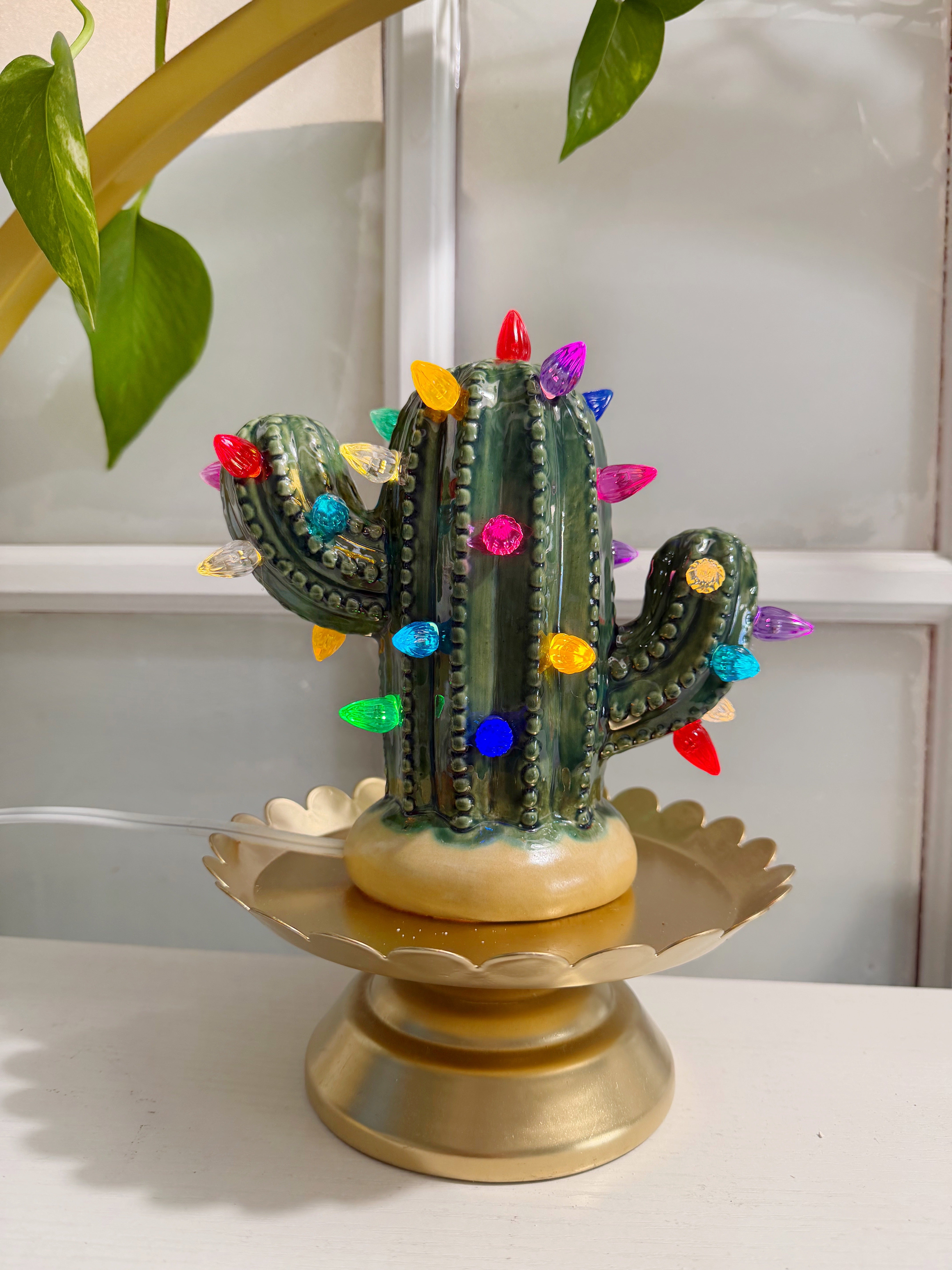 Dark Green Small Lighted Cactus Tree – Brush Strokes Pottery