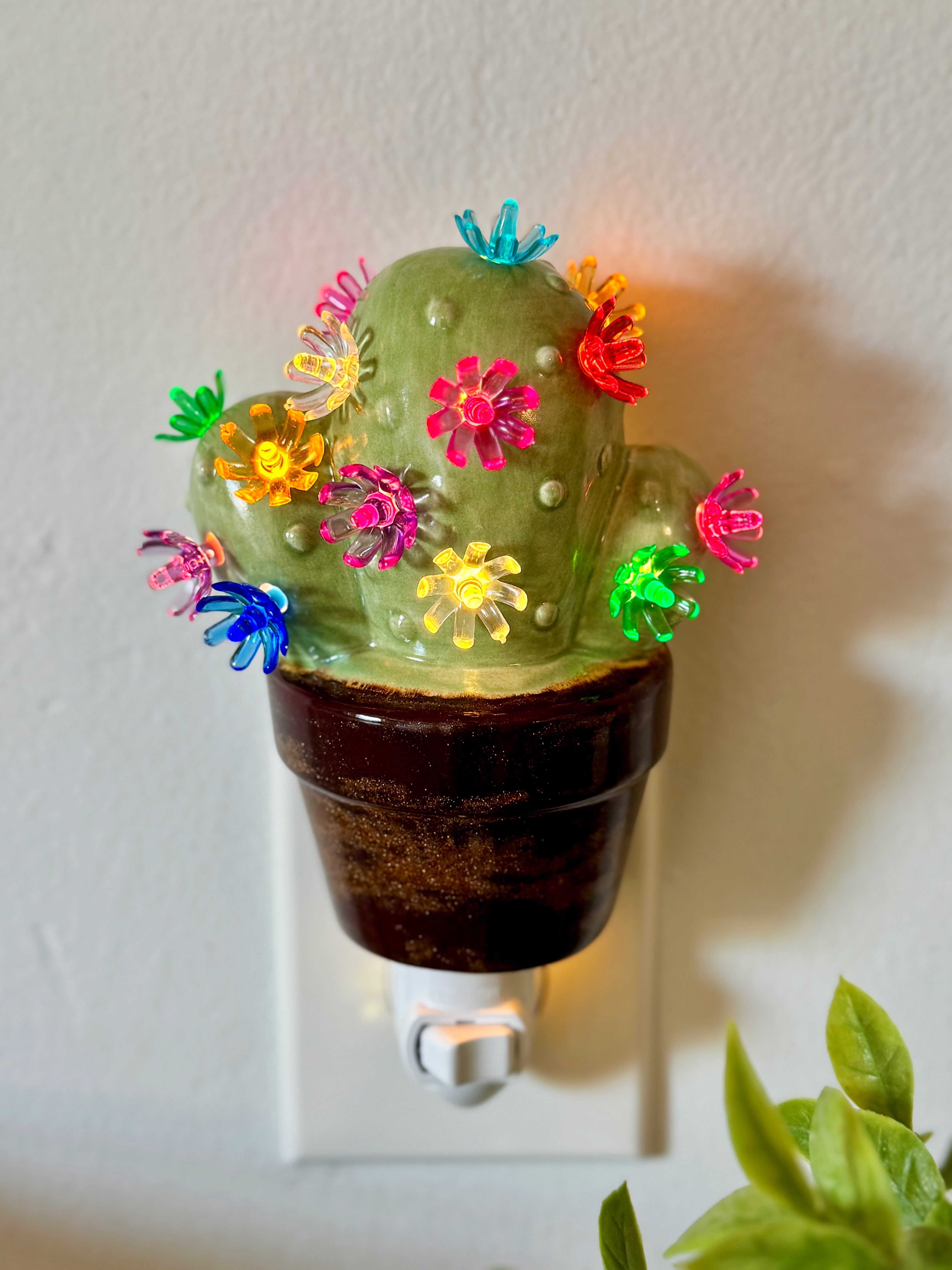 Sage Green Cactus Night Light with Copper – Brush Strokes Pottery
